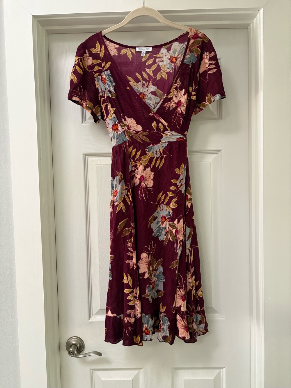 Patrons of Peace Burgundy Floral Faux Wrap Midi Dress